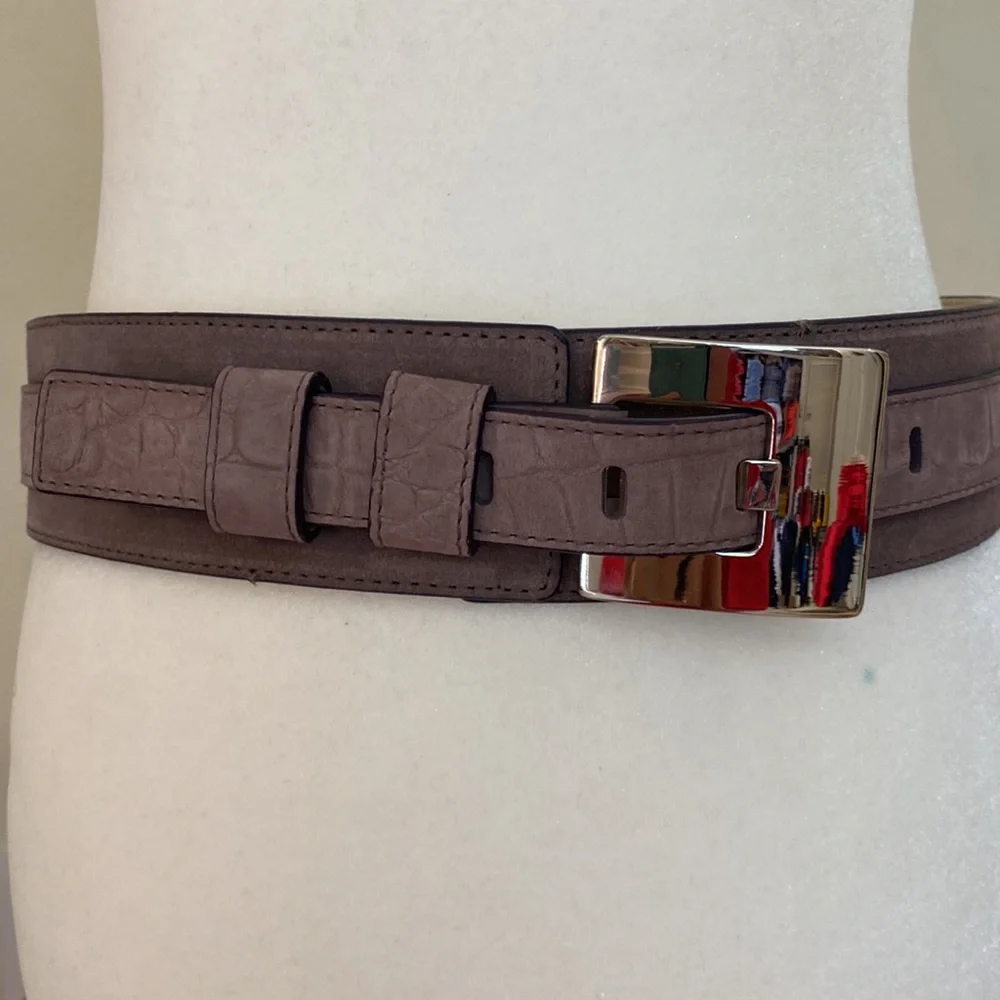 Wide gray suede Cole Haan statement belt w/big silver buckle Sz M NWOT